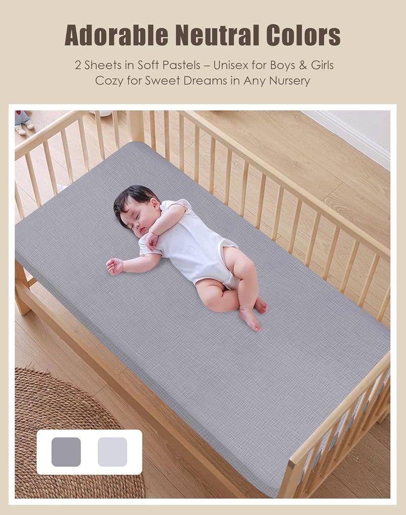 SWEET DOLPHIN 2-Pack Muslin Crib Sheets for Boys & Girls, Ultra Soft Breathable 40S Long-Staple Cotton Fitted Baby Sheets for Standard Crib Mattress 52"x28", Slate and Grey- Nursery Essentials - Image 4